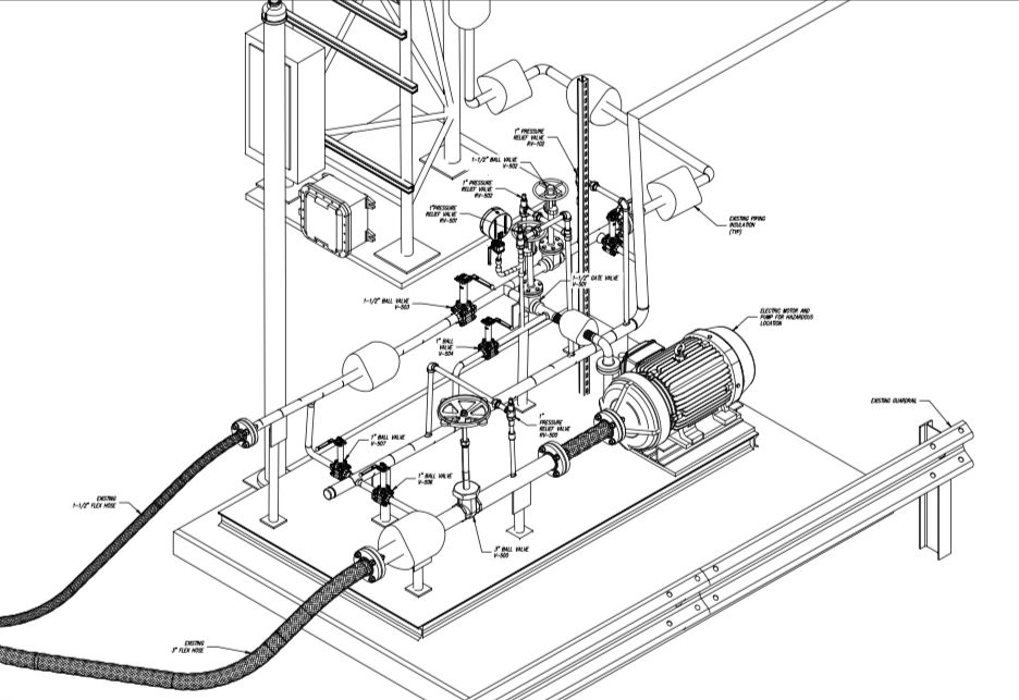 Isometric drawing of the LNG offload pump skid with the new redundant pump