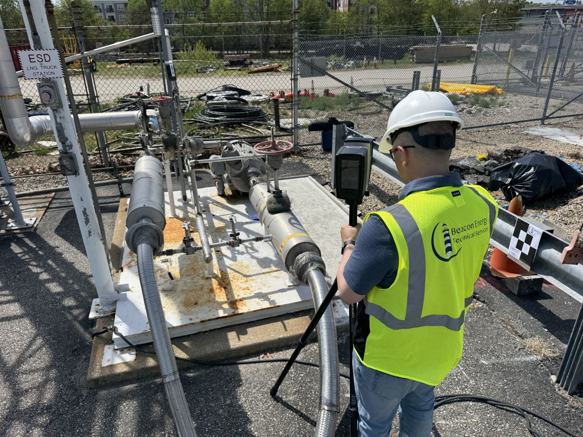Beacon ETS engineer LiDAR scanning the LNG offload pump skid